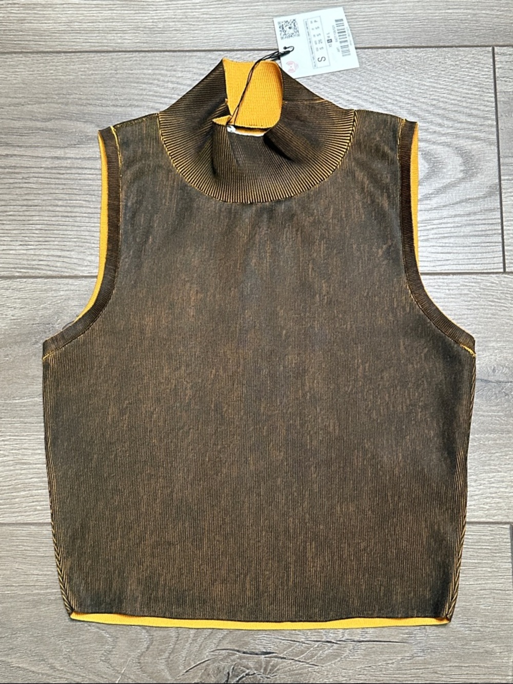Zara Distressed Effect Knit Mock Neck Crop Tank Top‎ Brown Size Small